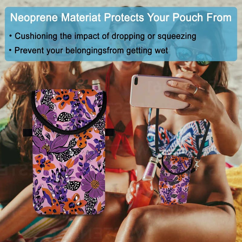 otilil Neoprene Cell Phone Sleeve Pouch Case Bag with Crossbody Strap Neck Lanyard for Women 7.5 X 4.3 in Purple Flower - Image 5